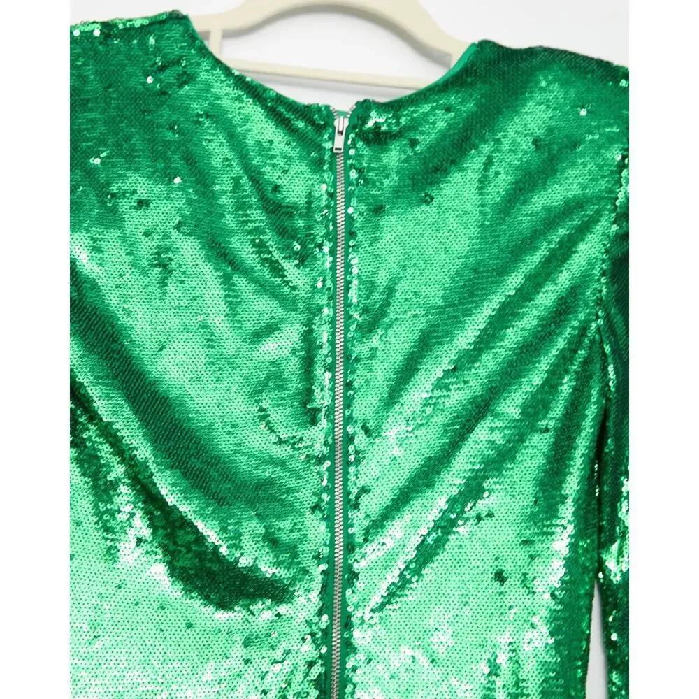 Bardot sequin-embellished padded-shoulder mini dress in Green Size XS